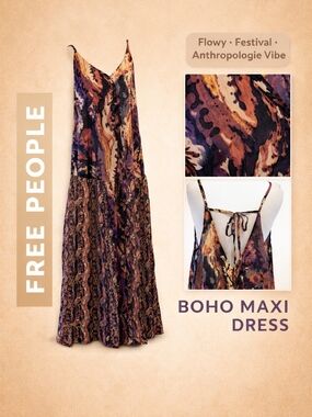 Free People XL Boho Maxi Dress Flowy Silhouette Strappy Open Back